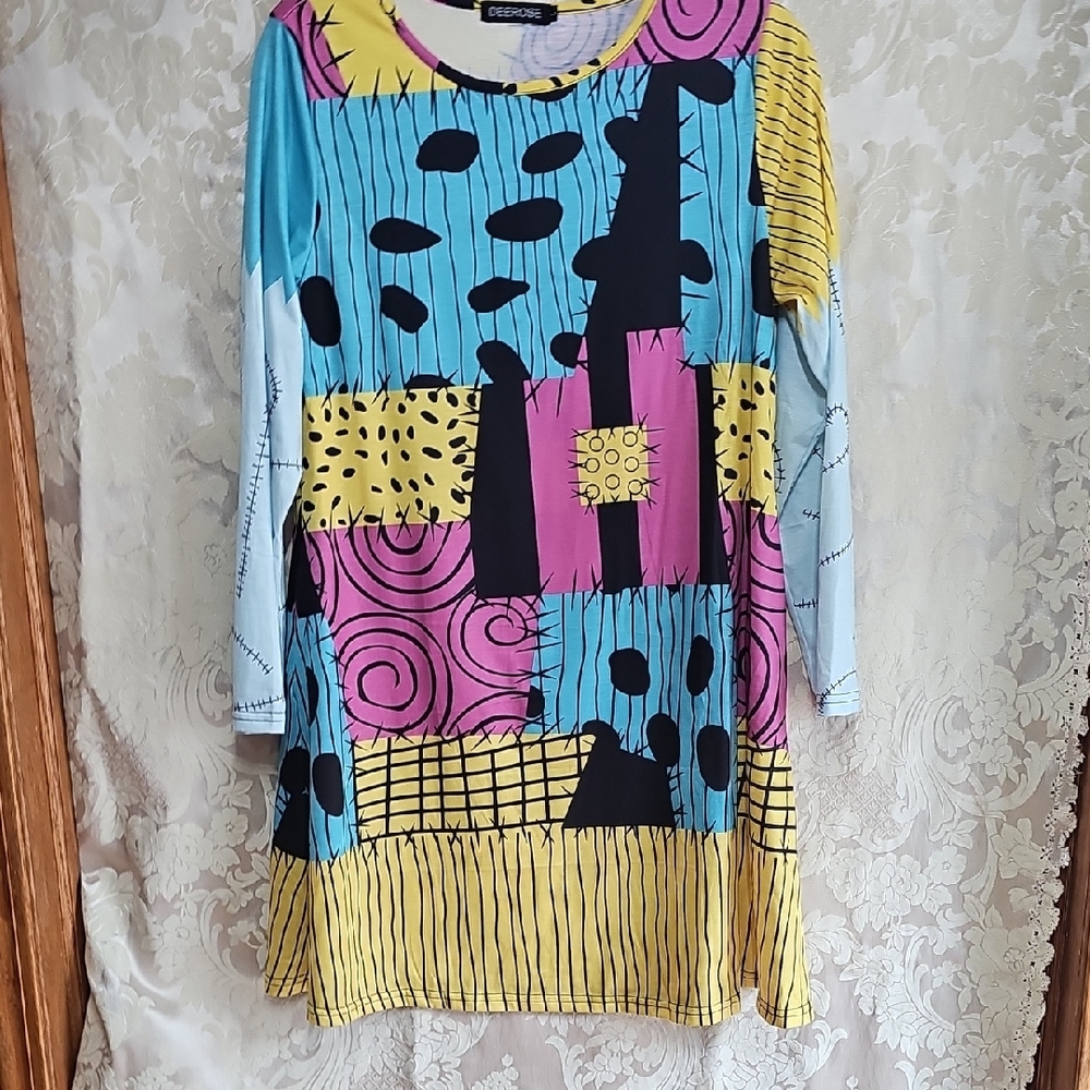 Desigual Blue and Pink Long Sleeve Sheath Dress